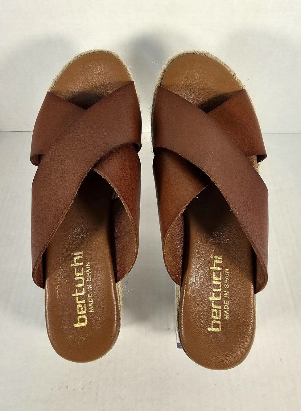 Bertuchi Brown Leather Cross-Over Slide Sandals Spain‎ Espadrille Wedge EU39 US8